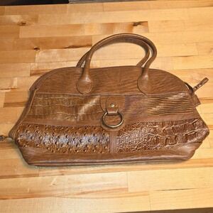 Jackson Brown Faux Leather Patchwork Satchel Handbag Ostrich Croc Embossed Ring